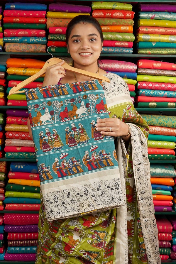 Soft Jute Silk Kalamkari Print Blue And Cream Saree