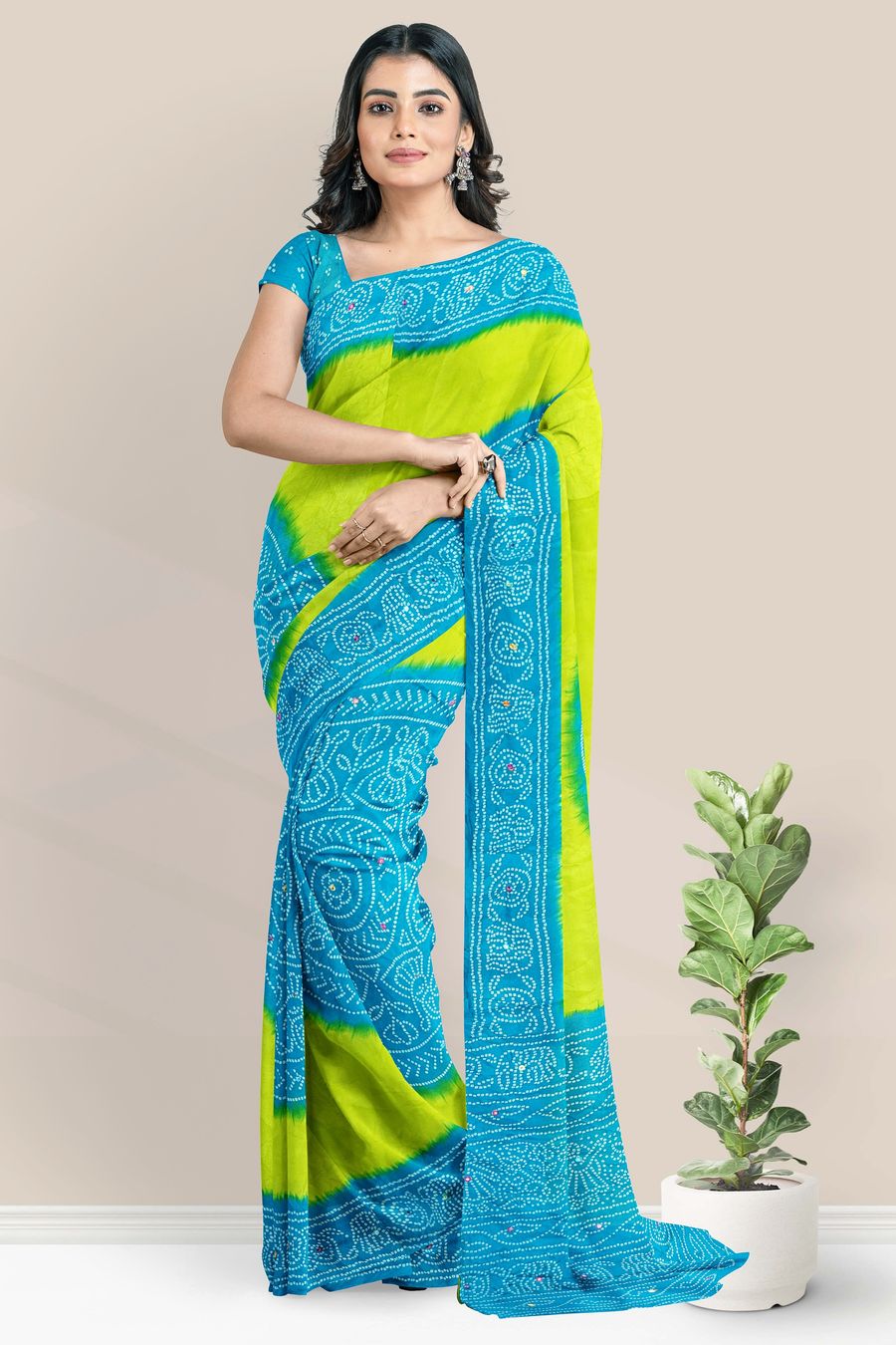 Soft Crepe Bandhini Print Light Parrot Green With Teal Blue Saree