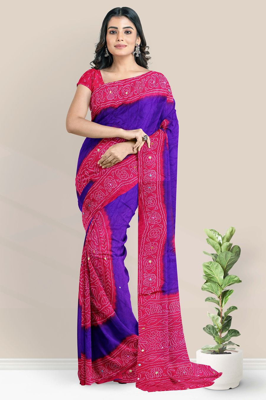 Soft Crepe Bandhini Print Purple With Pink Saree