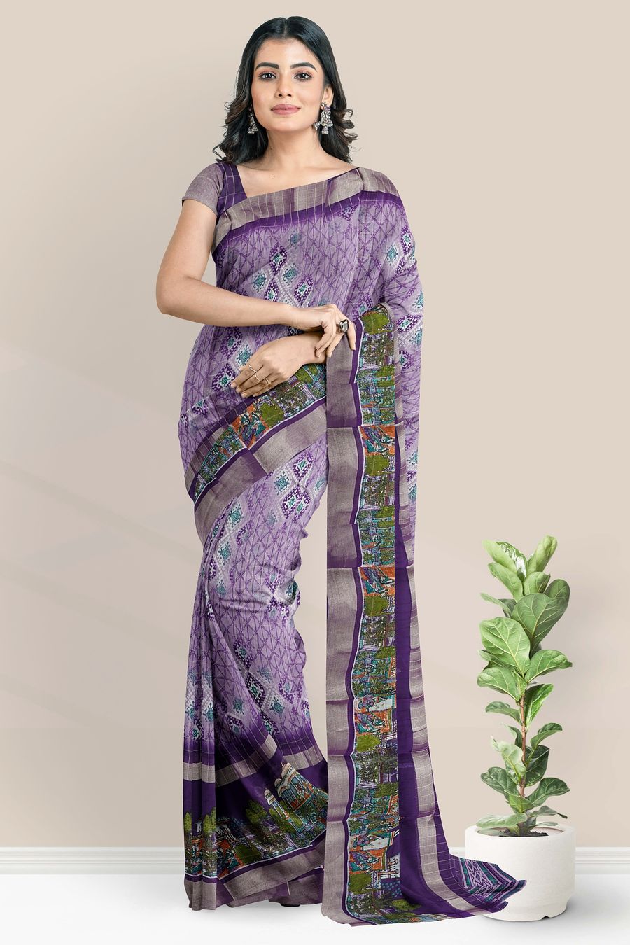 Jute Silk Kadi Border And Printed Design Purple Saree