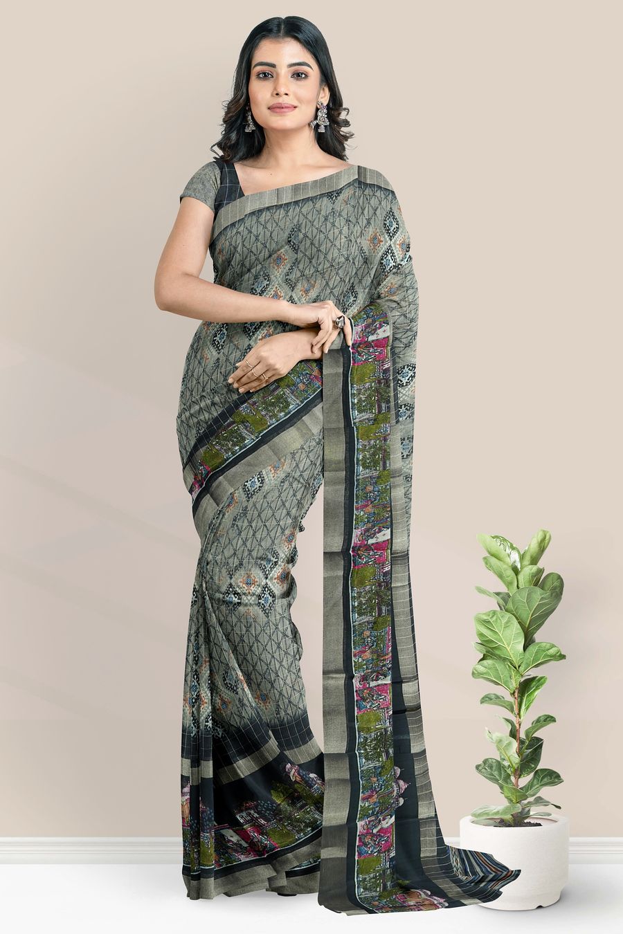 Jute Silk Kadi Border And Printed Design Black Saree