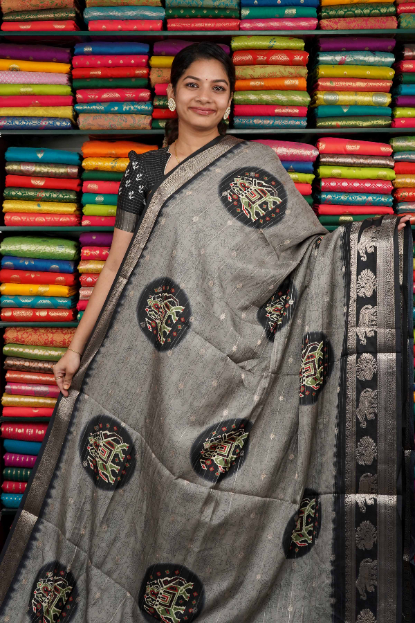 Soft Jute Silk Ikkath Elephant Print Ash And Black Saree