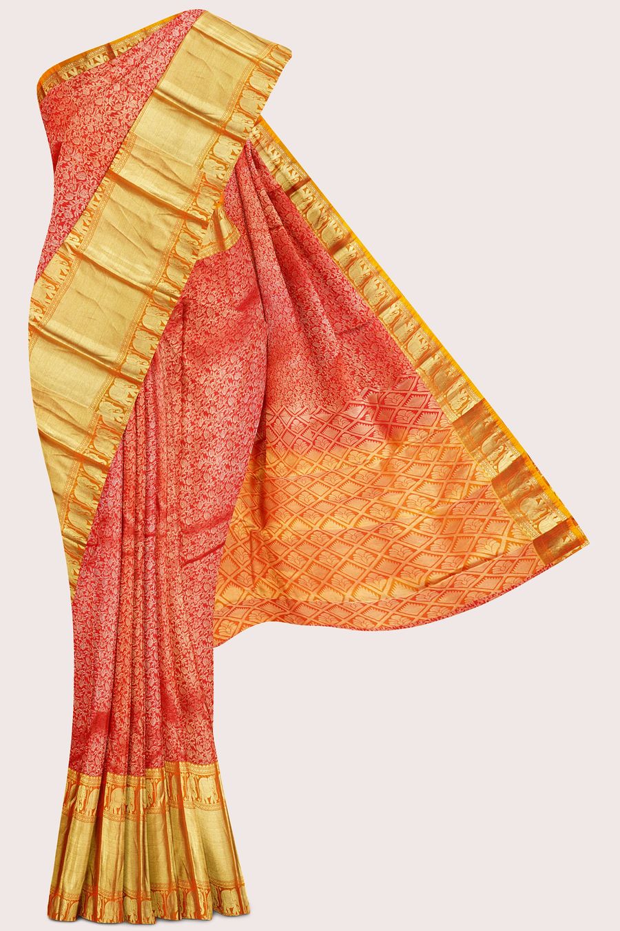 Light Weight Pattu Kanchi Border Allover Design Red With Orange Saree