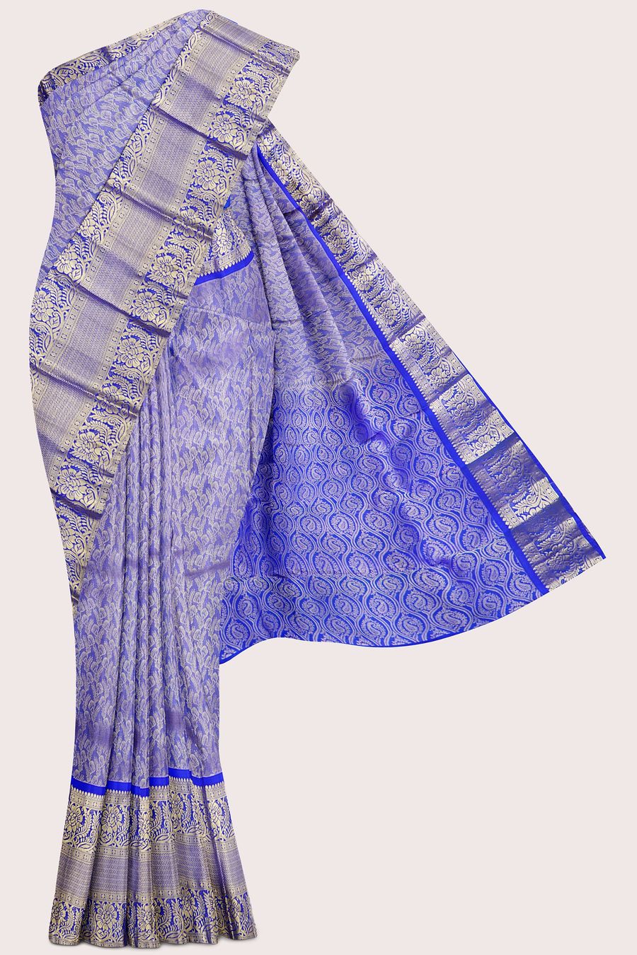 Light Weight Pattu Gold Zari And Allover Design Lavender With Royal Blue Saree