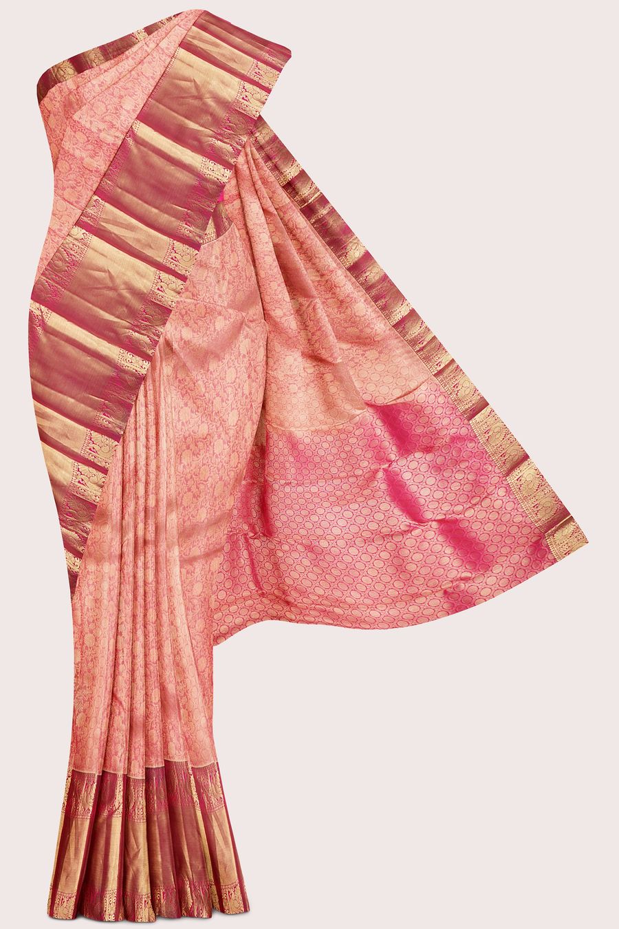Light Weight Pattu Kanchi Border Allover Design Peach Pink With Rani Pink Saree