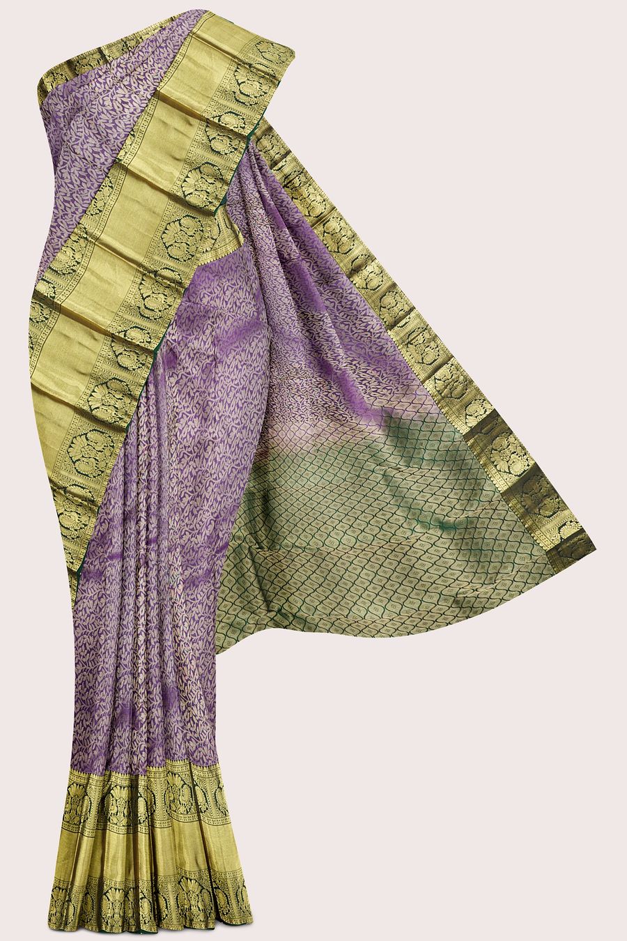Light Weight Pattu Kanchi Border Allover Design Brinjal With Green Saree