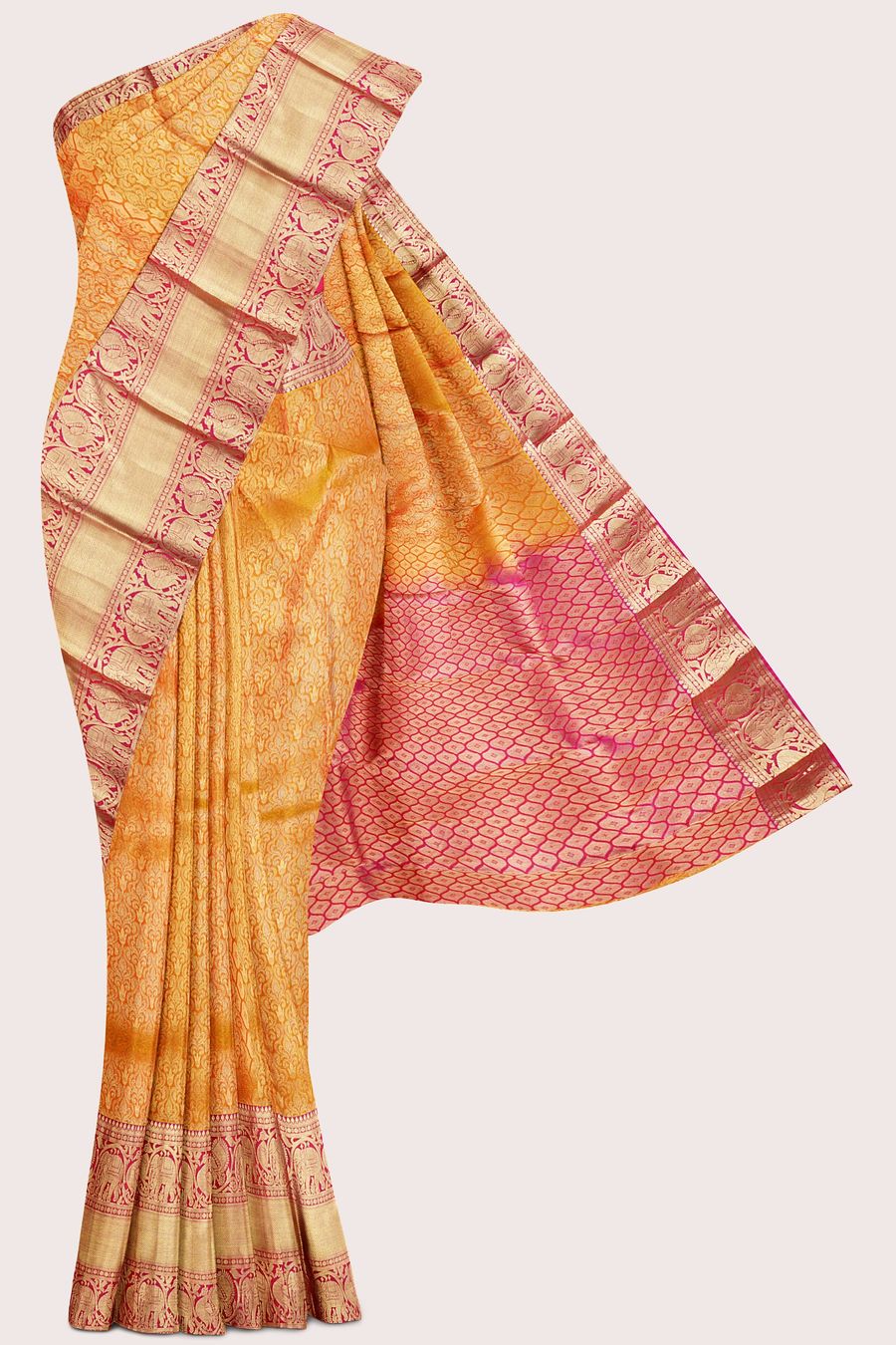 Light Weight Pattu Creaper Border Allover Design Orange With Rani Pink Saree