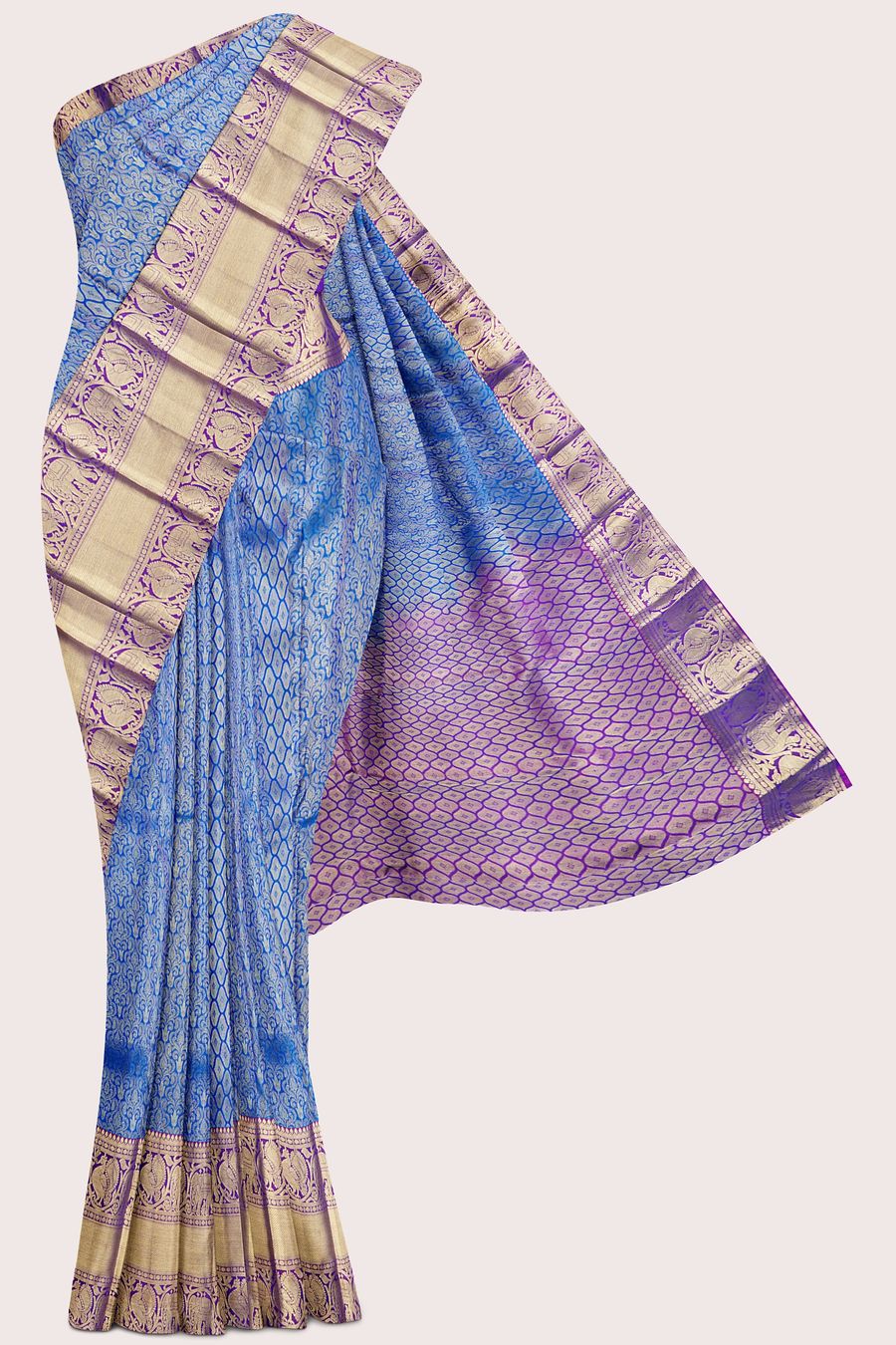 Light Weight Pattu Creaper Border Allover Design Coppersulphate Blue With Pink Saree