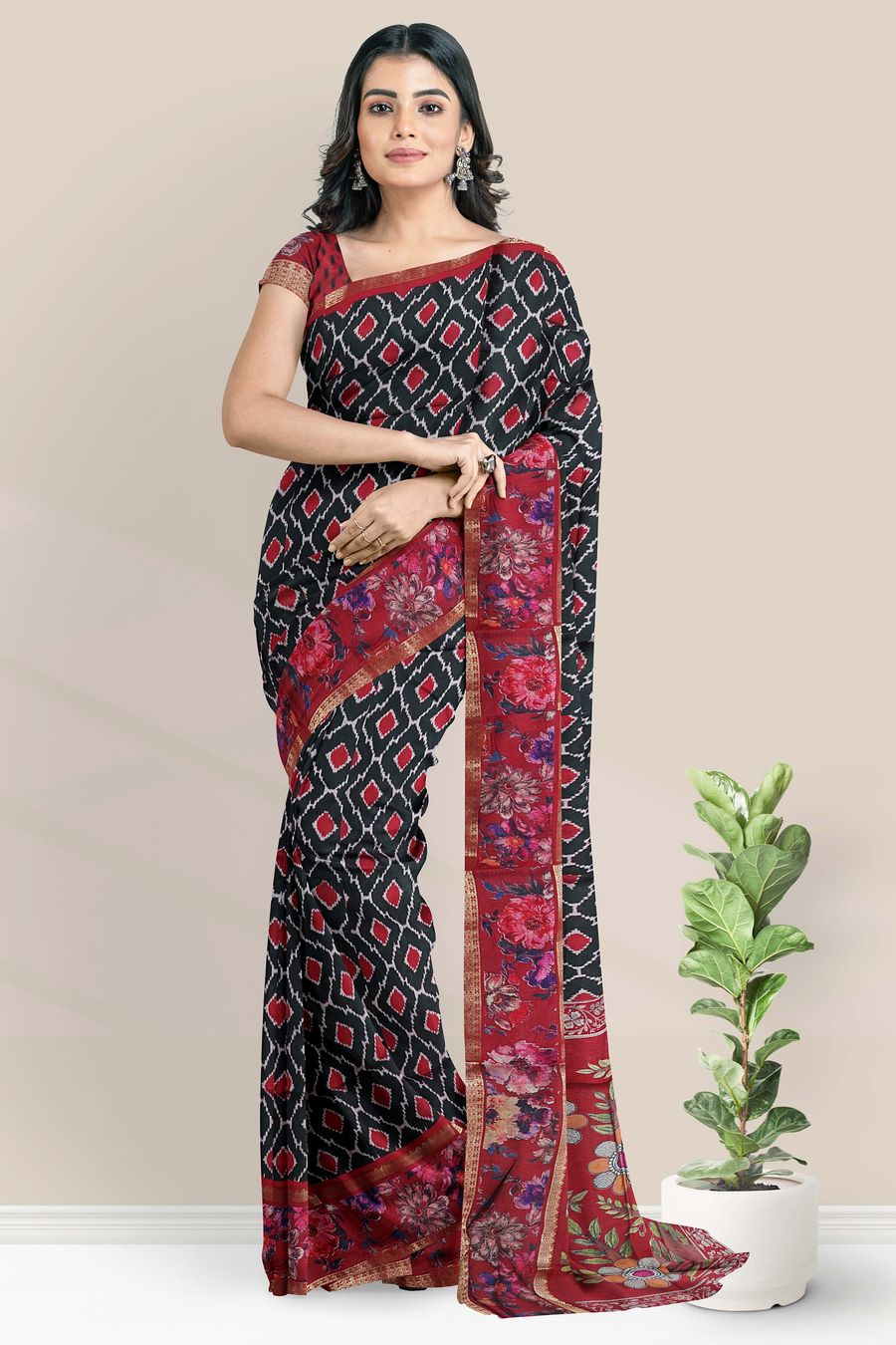 Soft Muslin Silk Gold Zari Ikkath Print Black With Maroon Saree