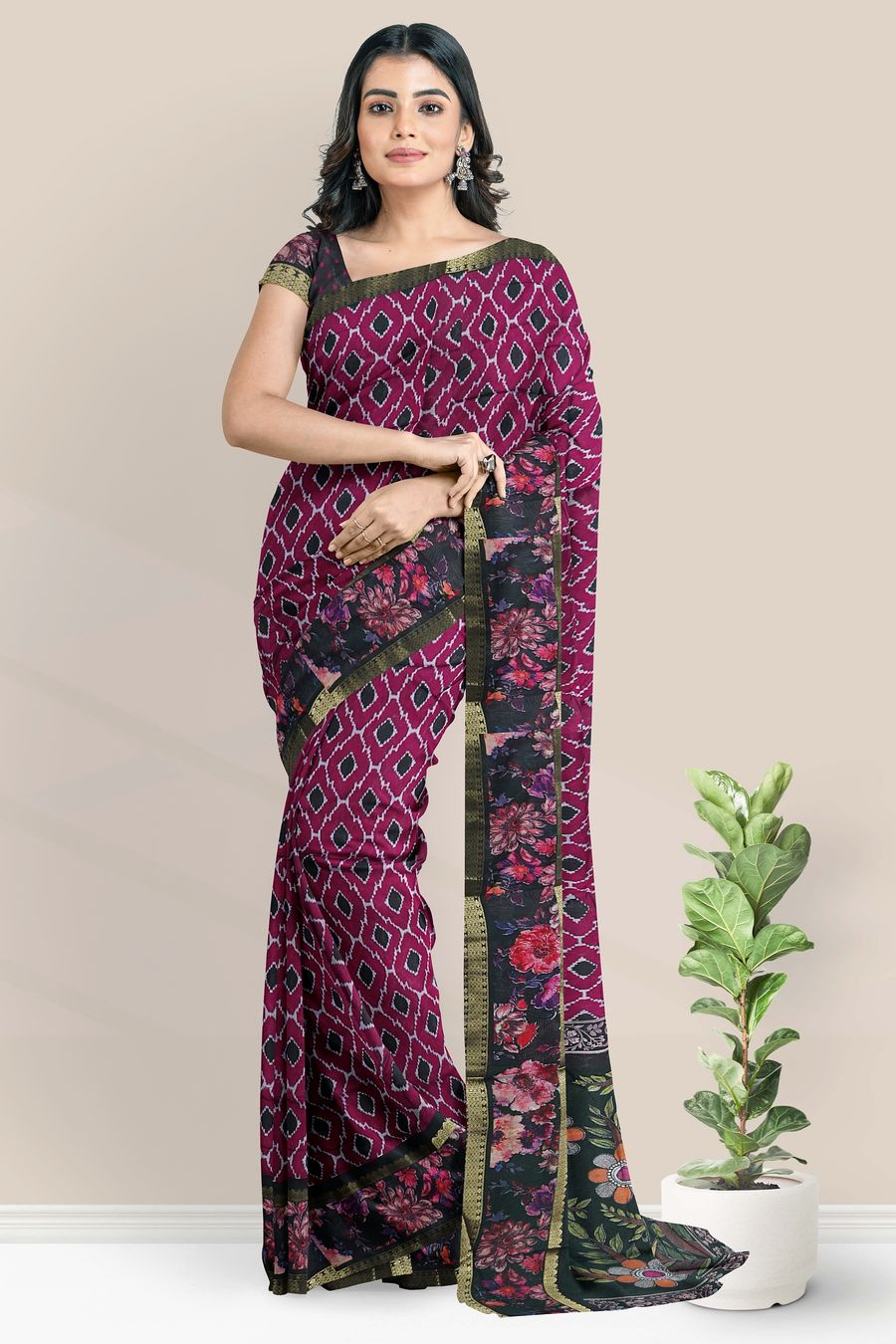 Soft Muslin Silk Gold Zari Ikkath Print Pink With Black Saree