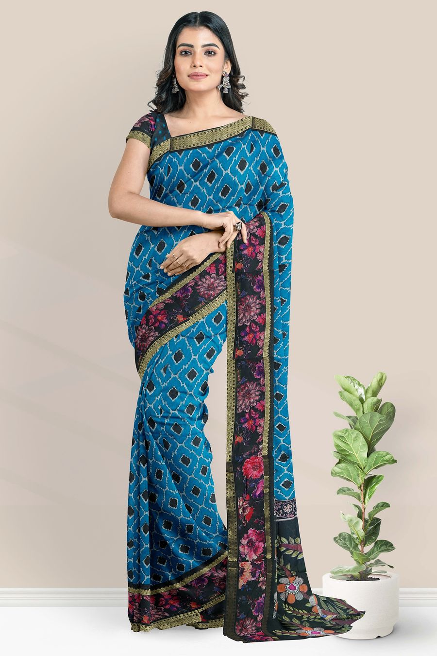 Soft Muslin Silk Gold Zari Ikkath Print Blue With Black Saree