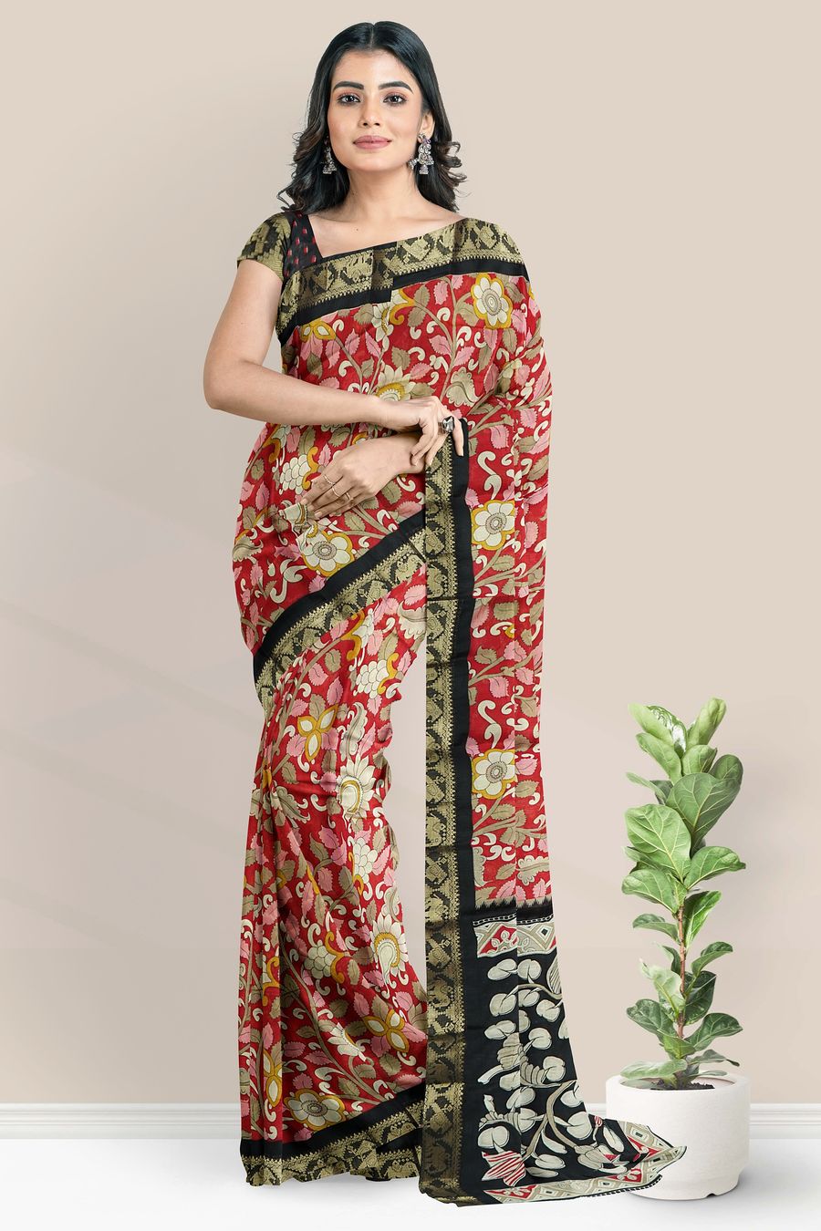 Soft Muslin Silk Floral Kalamkari Print Red With Black Saree