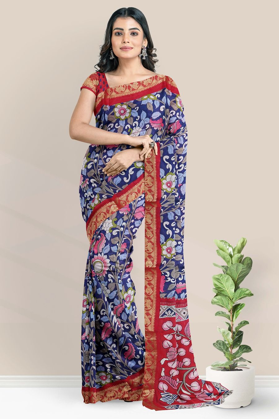 Soft Muslin Silk Floral Kalamkari Print Navy Blue With Pink Saree