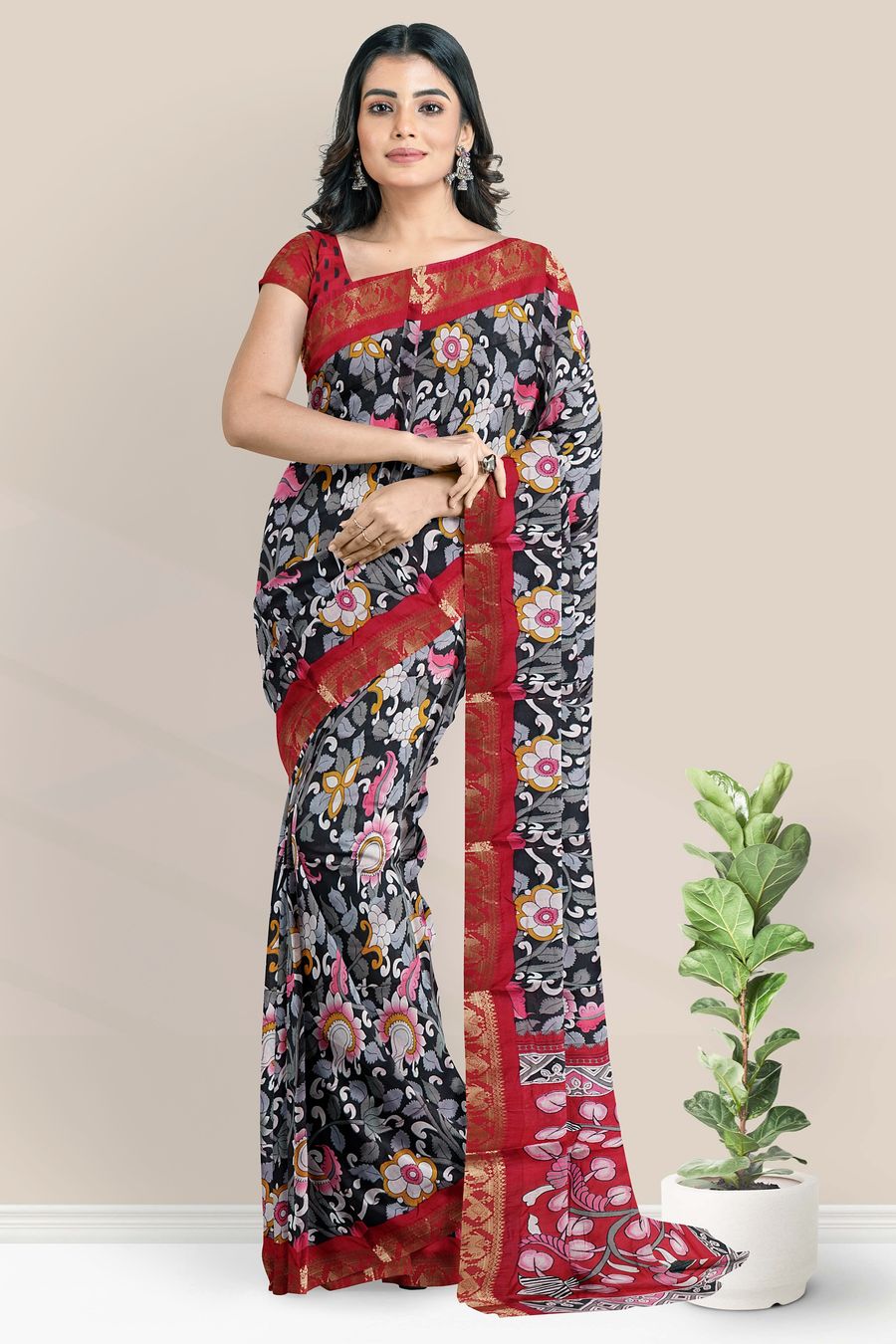 Soft Muslin Silk Floral Kalamkari Print Black With Pink Saree