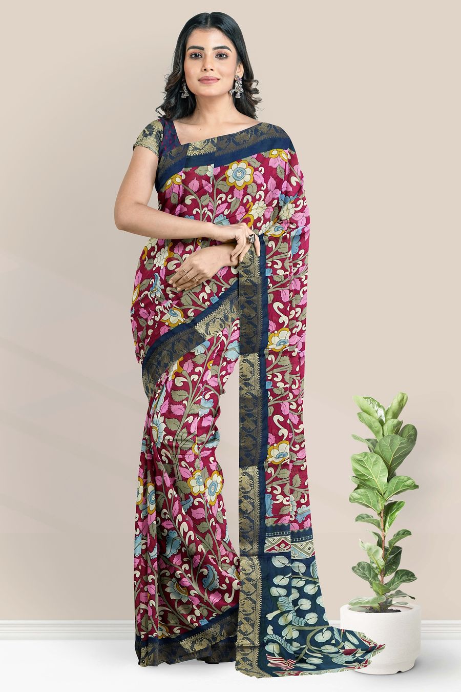 Soft Muslin Silk Floral Kalamkari Print Pink With Peacock Blue Saree