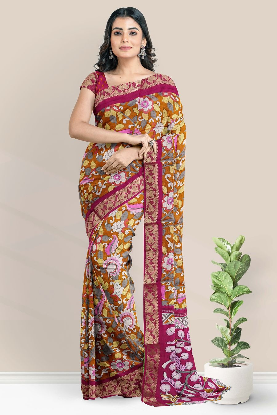 Soft Muslin Silk Floral Kalamkari Print Mustard Yellow With Magenta Pink Saree