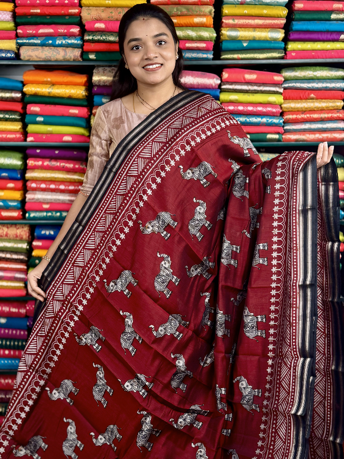 Soft Mangalagiri Silk Elephant Print Maroon Red And Black Saree
