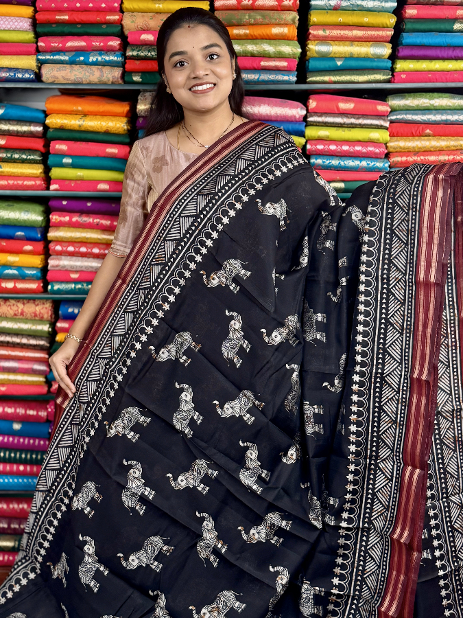 Soft Mangalagiri Silk Elephant Print Black And Maroon Red Saree