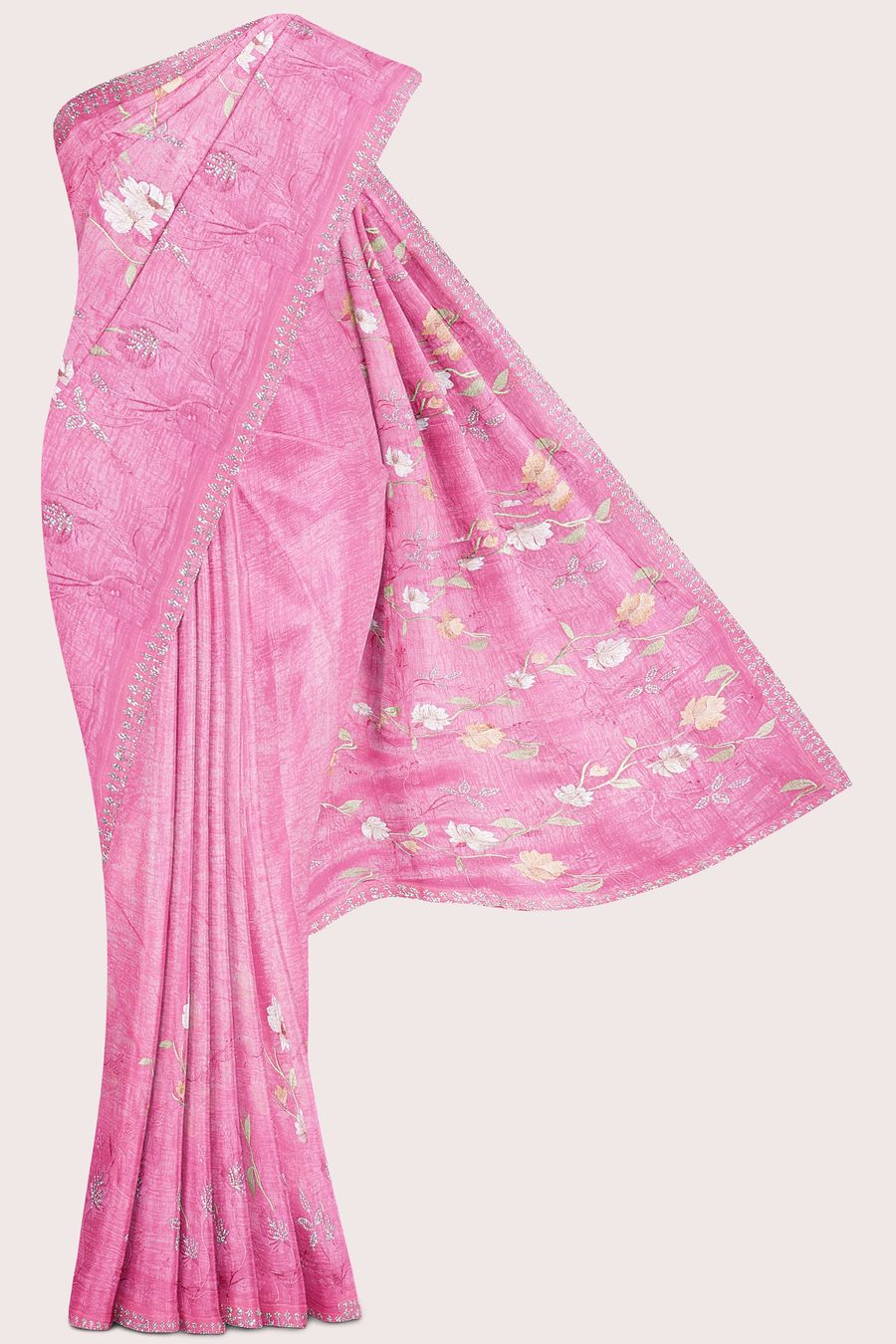 Shimmer Georgette Scallop Stone And Embroidary Work Pink Saree