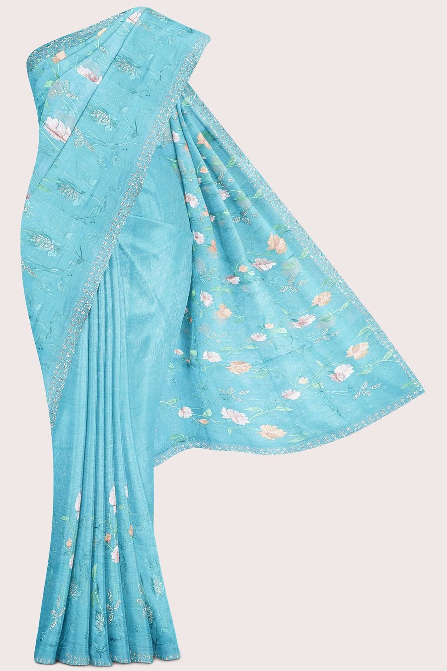 Shimmer Georgette Scallop Stone And Embroidary Work Blue Saree