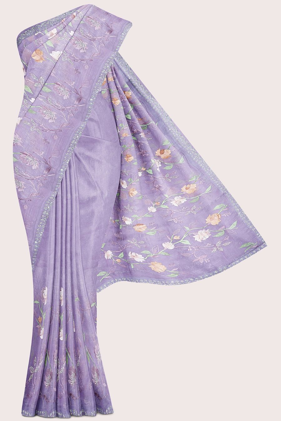 Shimmer Georgette Scallop Stone And Embroidary Work Lavender Saree