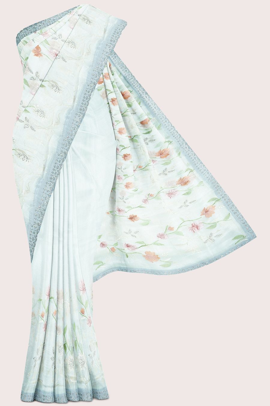 Shimmer Georgette Scallop Stone And Embroidary Work Half White Saree