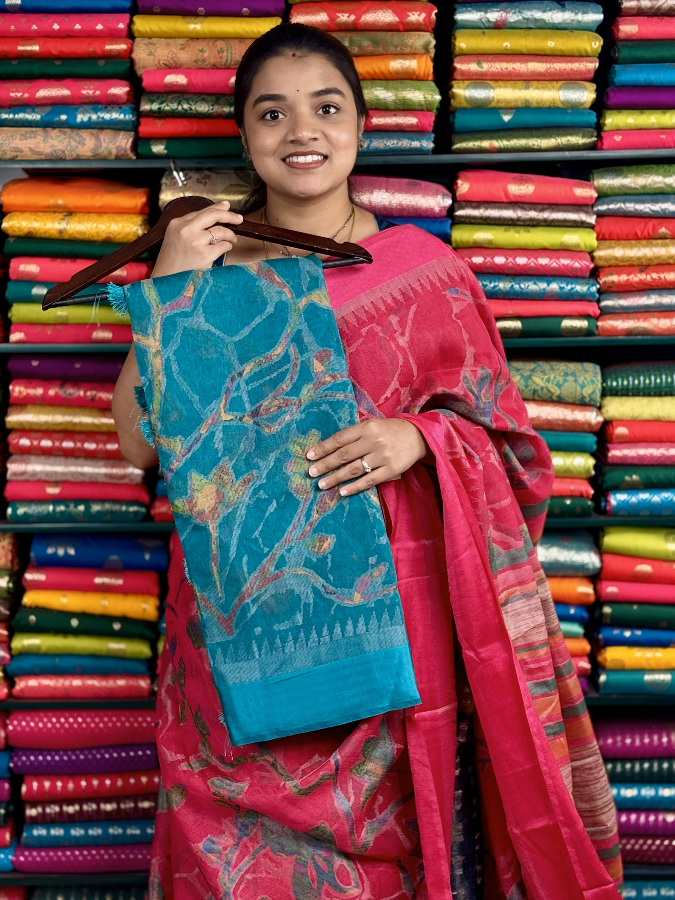 Jute Silk Brasso Weaving Dark Coppersulphate Blue Saree