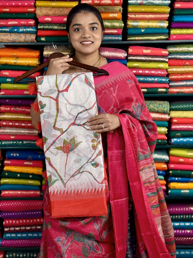 Jute Silk Brasso Weaving Half White And Peach Saree
