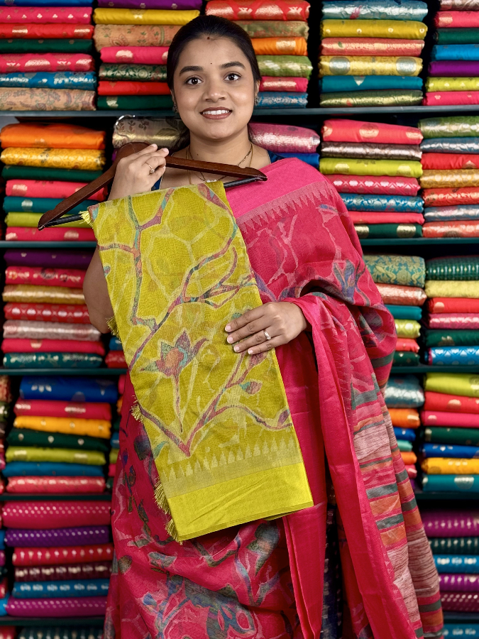 Jute Silk Brasso Weaving Menthi Yellow Saree