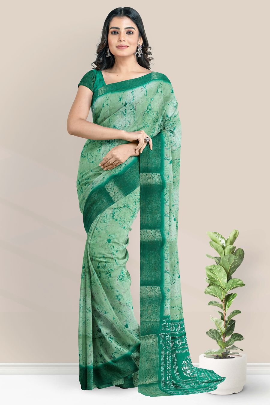 Fancy Silk Gold Zari Shibori Design Light And Dark Green Saree