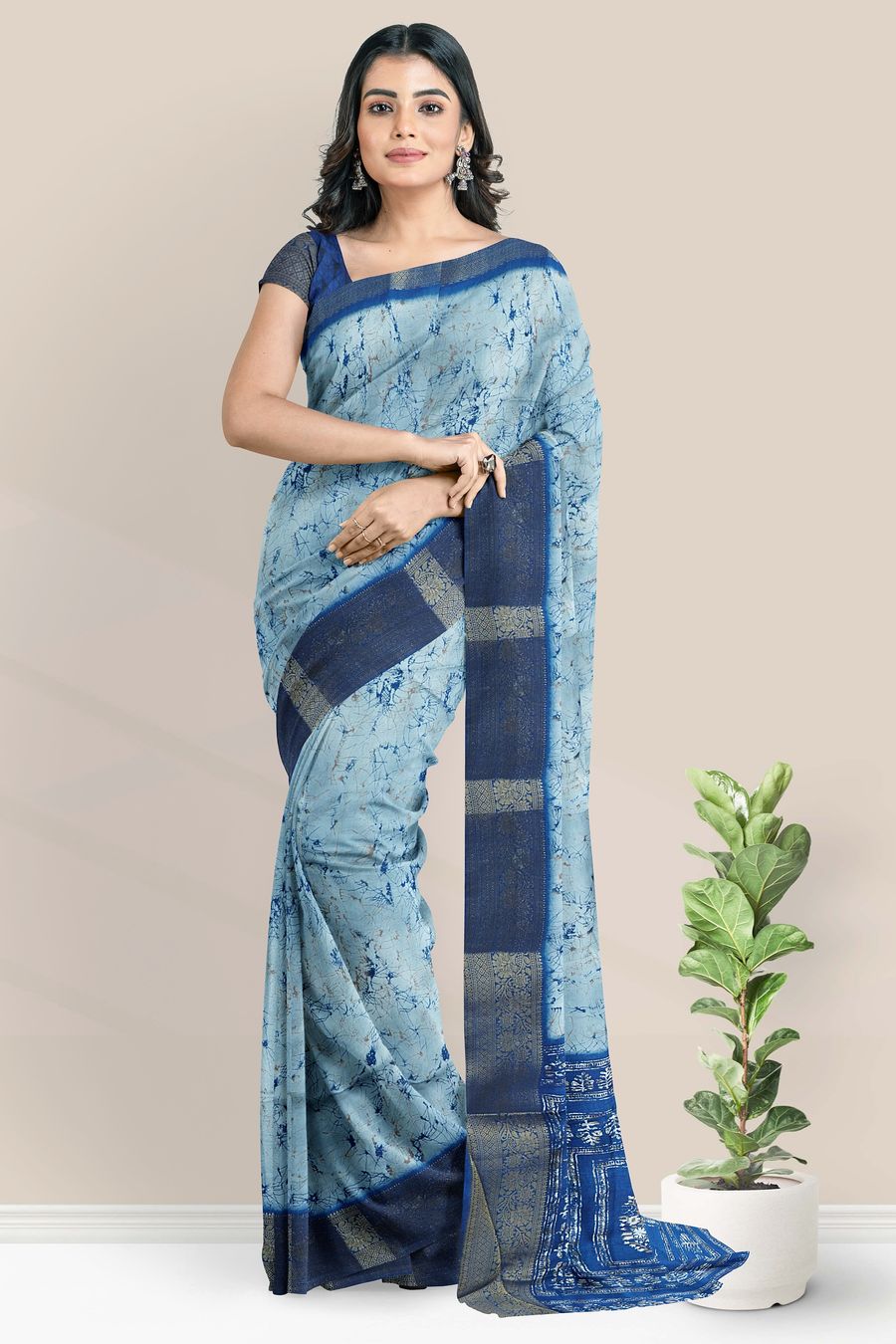 Fancy Silk Gold Zari Shibori Design Light And Dark Blue Saree