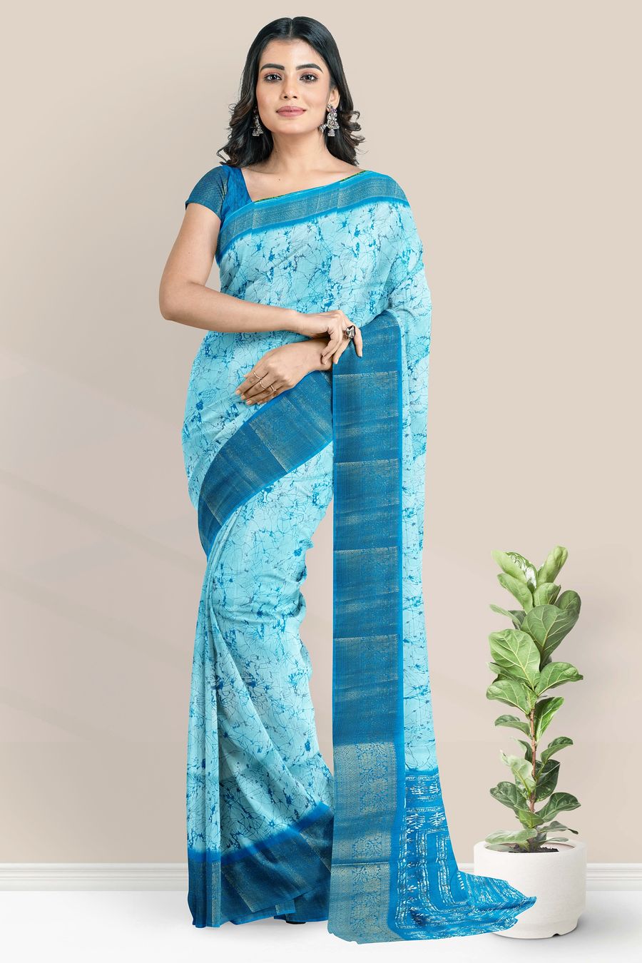 Fancy Silk Gold Zari Shibori Design Light And Dark Sky Blue Saree