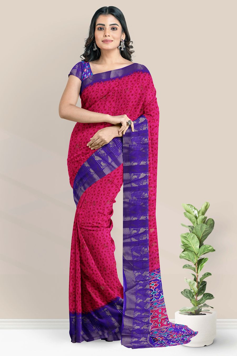 Fancy Silk Brocade Border Printed Design Pink With Purple Saree