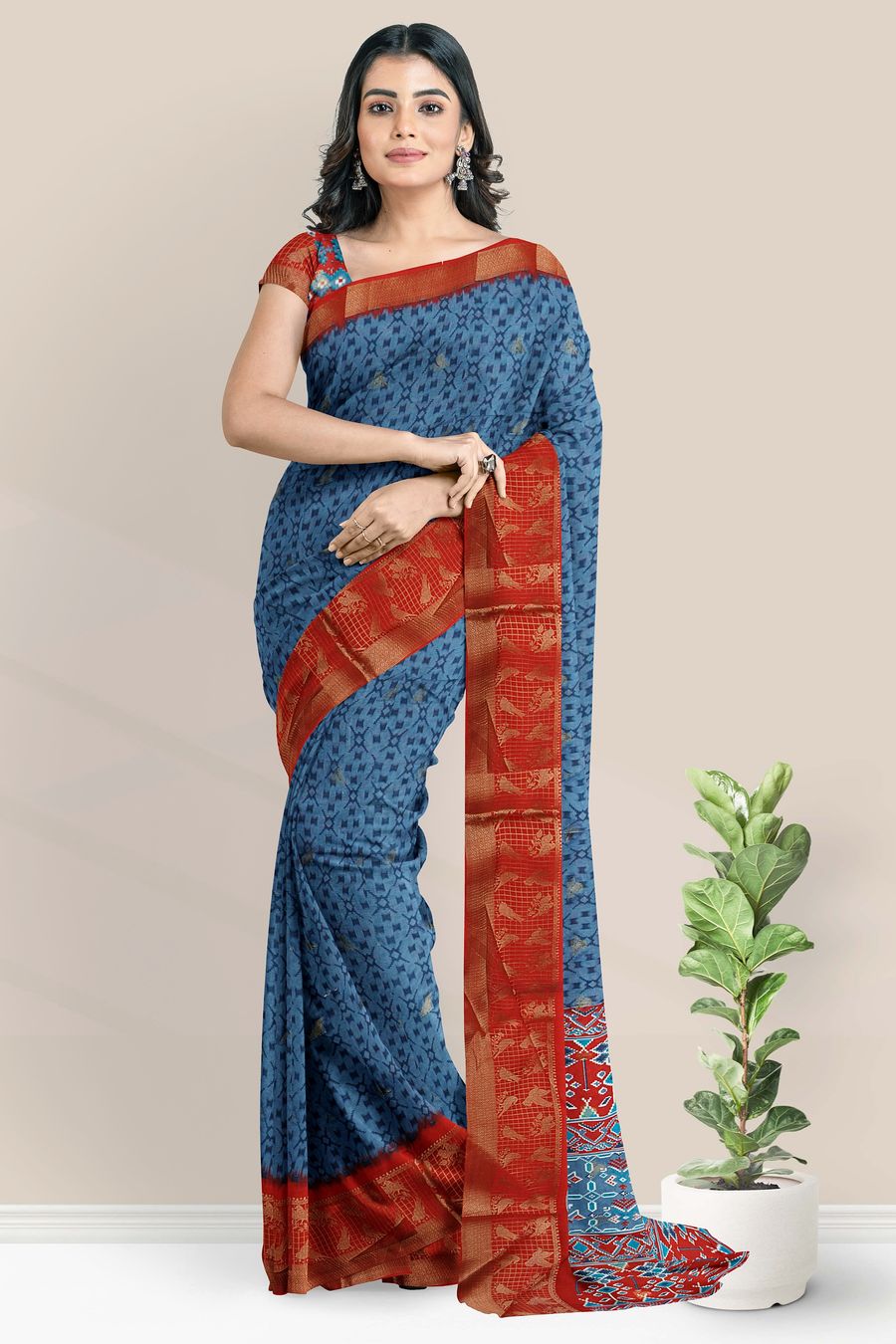Fancy Silk Brocade Border Printed Design Grayish Blue With Maroon Saree