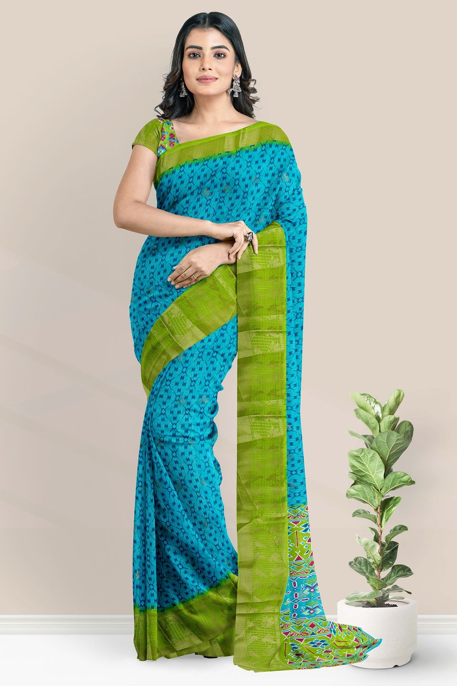 Fancy Silk Brocade Border Printed Design Rama Green With Parrot Green Saree