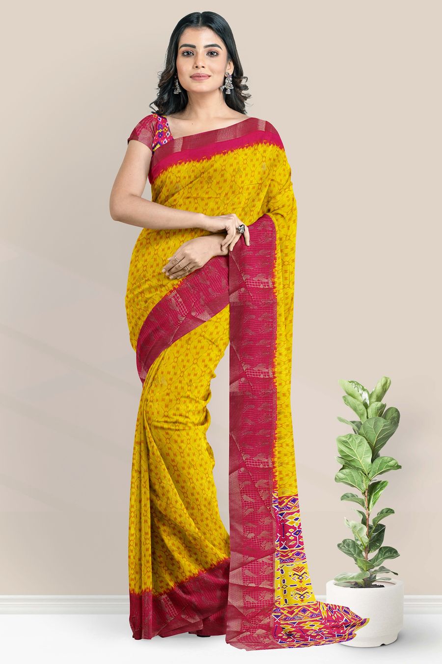 Fancy Silk Brocade Border Printed Design Yellow With Pink Saree
