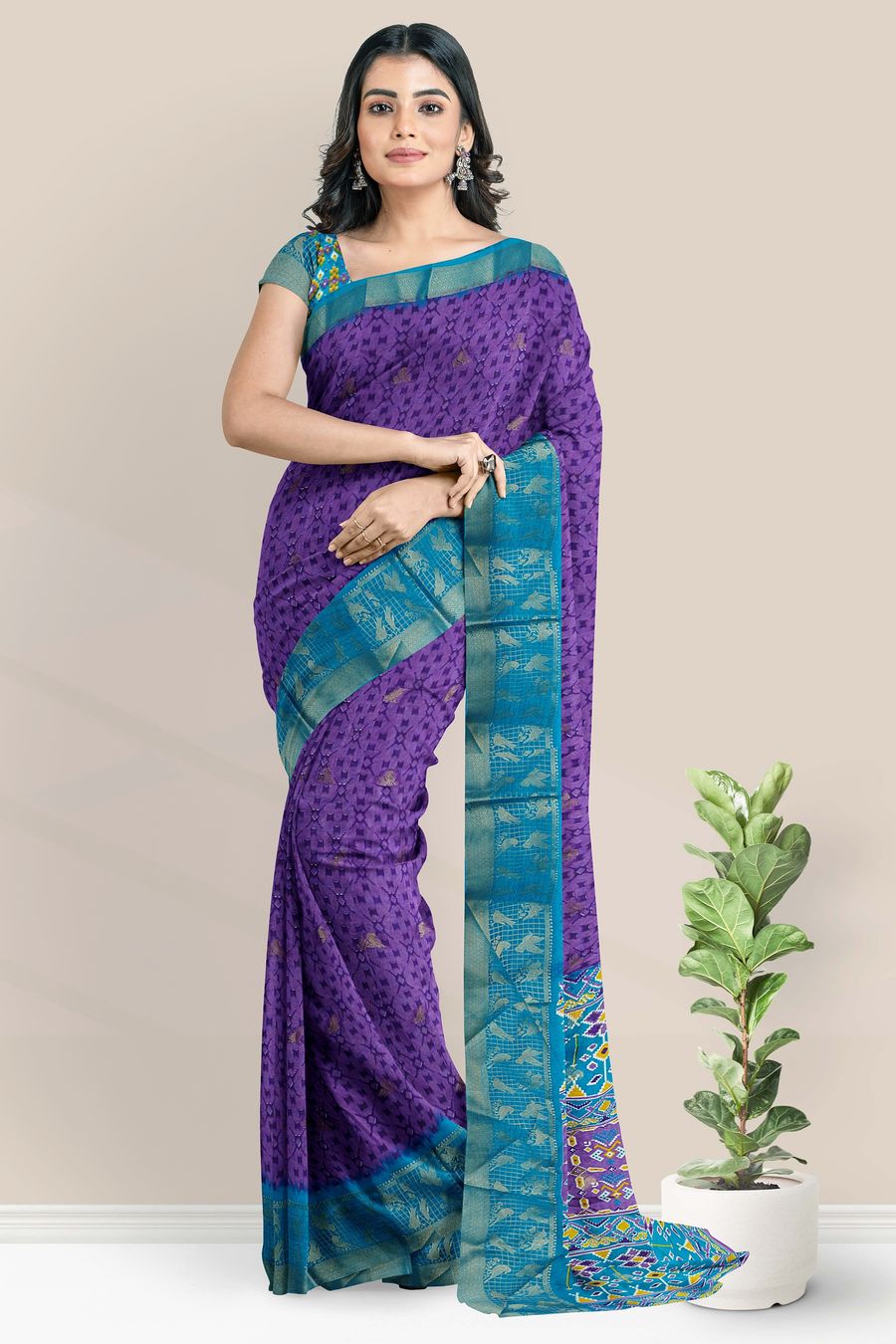 Fancy Silk Brocade Border Printed Design Lavender With Rama Green Saree