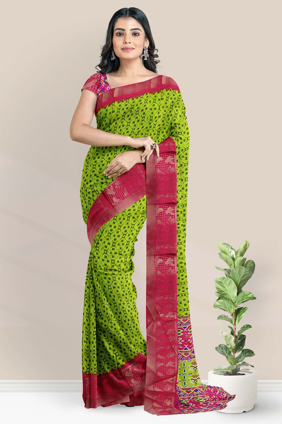 Fancy Silk Brocade Border Printed Design Parrot Green With Pink Saree