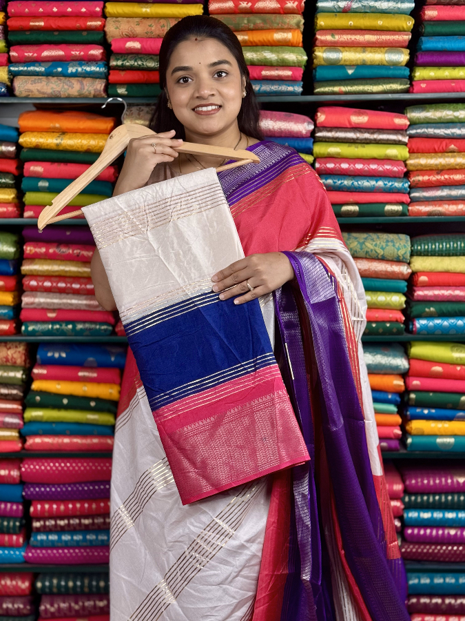Soft Silk Foil Print Lines Half White And Navy Blue And Green Mix Saree
