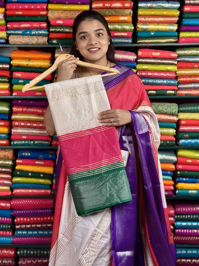 Soft Silk Foil Print Lines Half White And Pink And Green Mix Saree