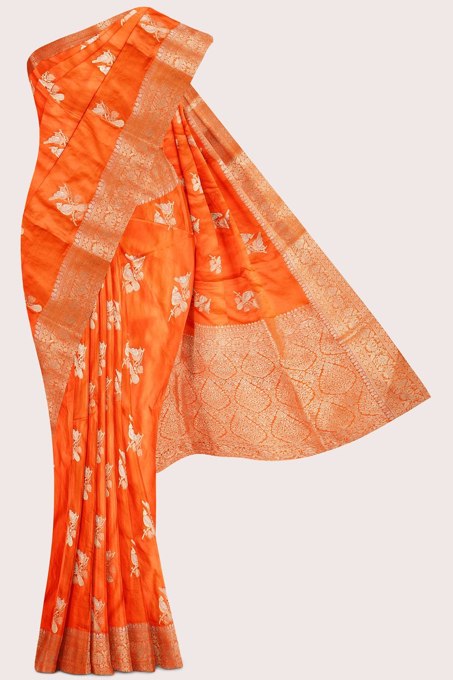 Satin Crepe Silver And Gold Zari Meena Work Orange Saree