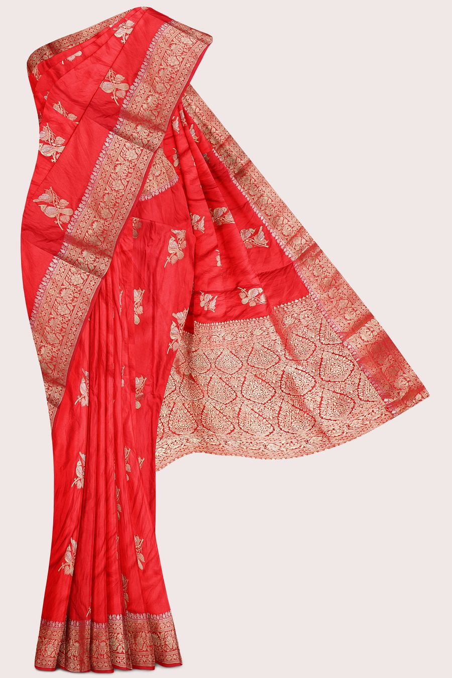 Satin Crepe Silver And Gold Zari Meena Work Red Saree