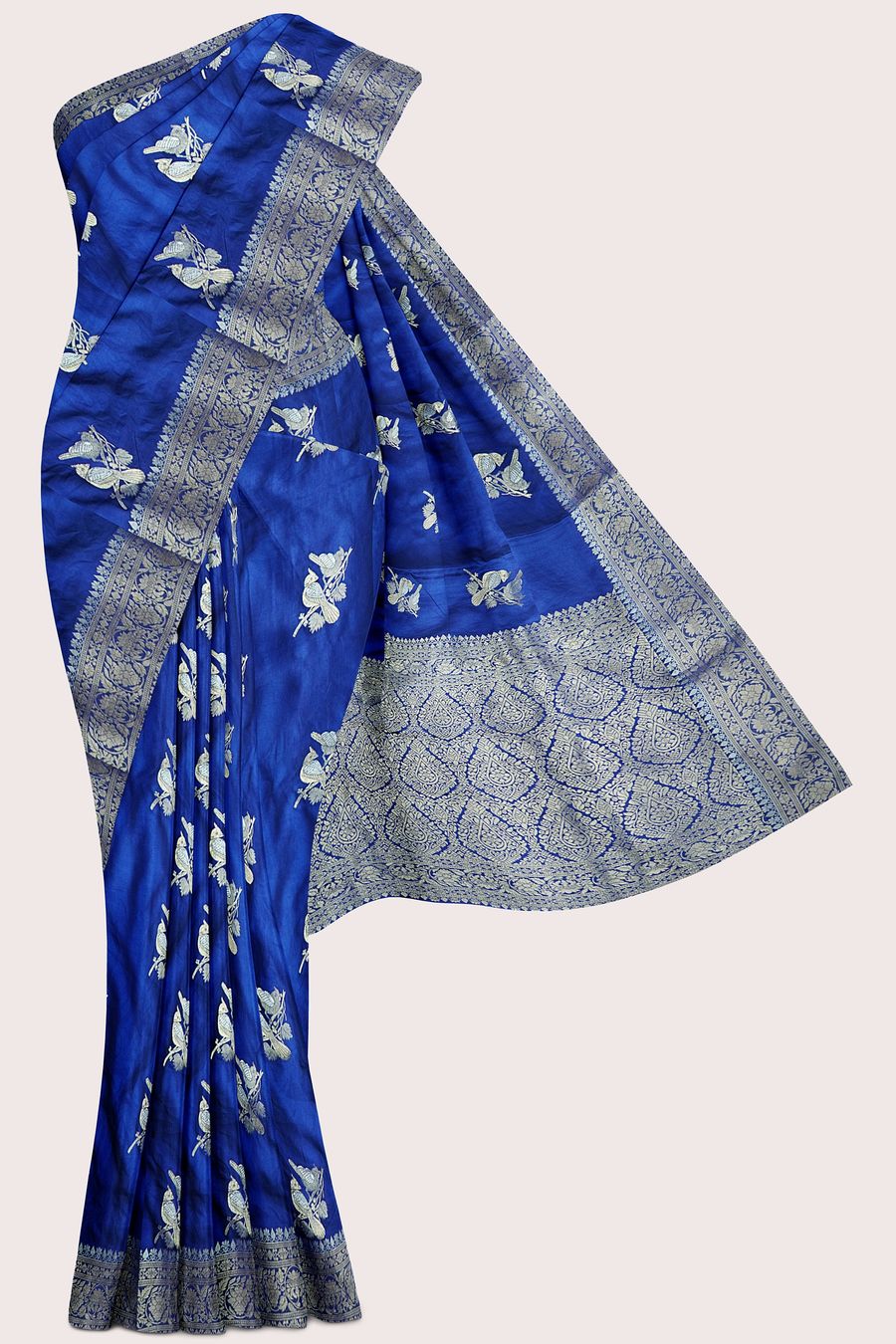 Satin Crepe Silver And Gold Zari Meena Work Bright Blue Saree