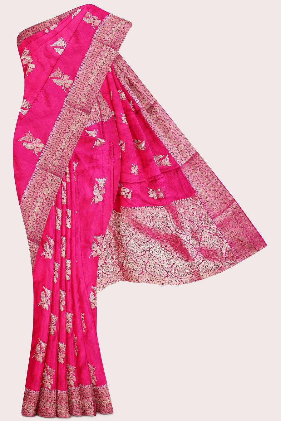 Satin Crepe Silver And Gold Zari Meena Work Rani Pink Saree
