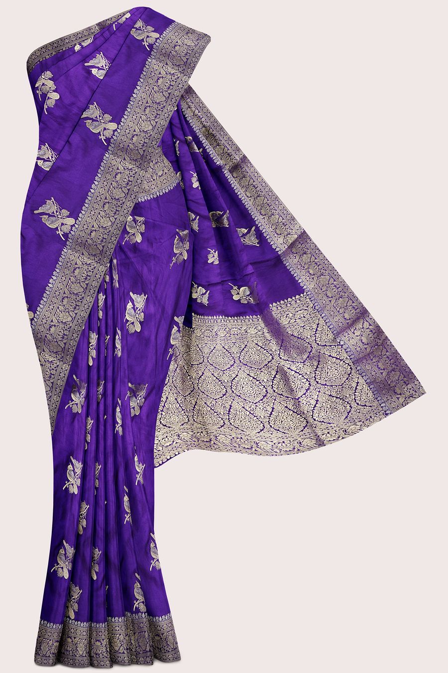 Satin Crepe Silver And Gold Zari Meena Work Dark Purple Saree