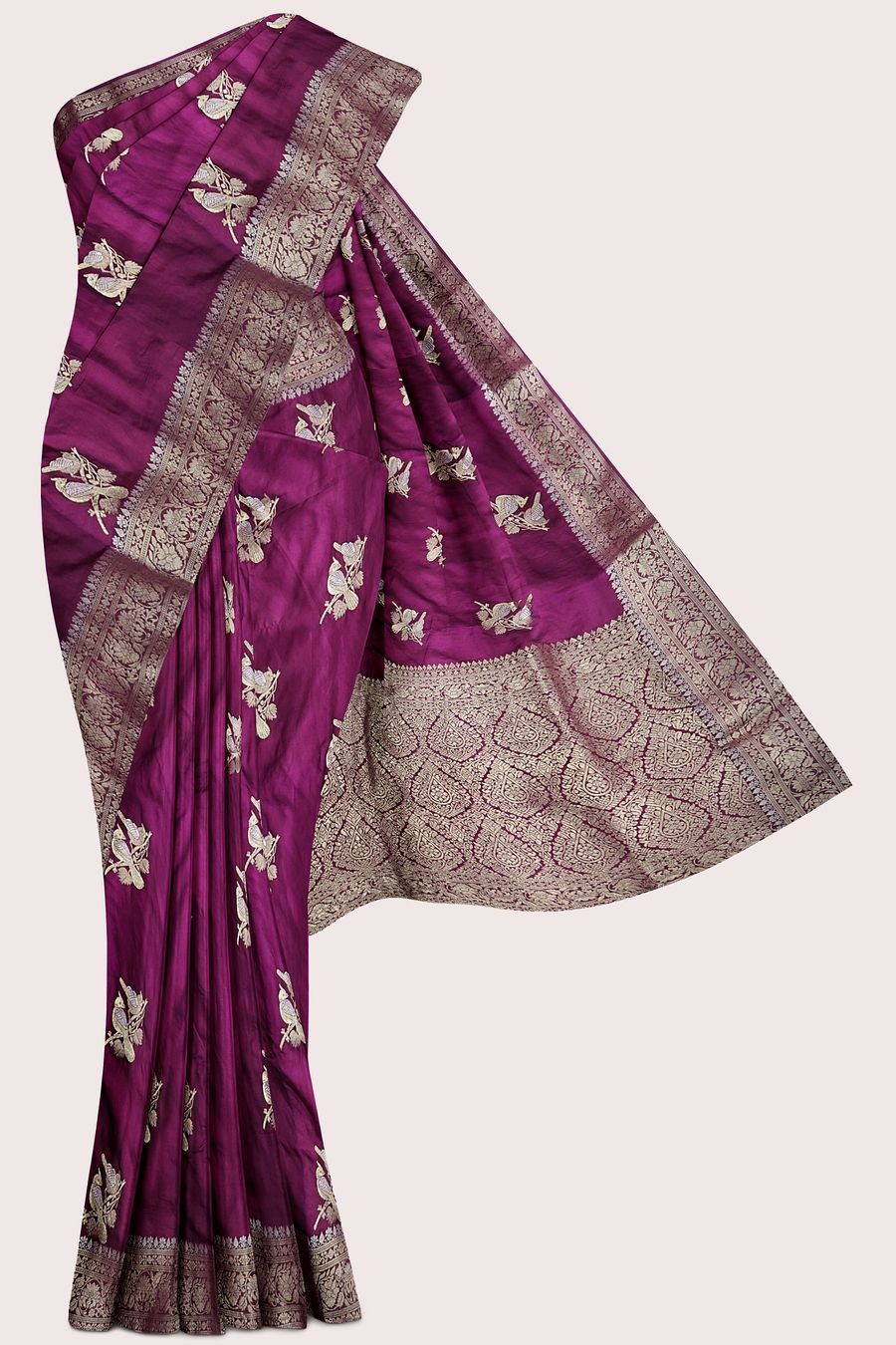 Satin Crepe Silver And Gold Zari Meena Work Wine Saree