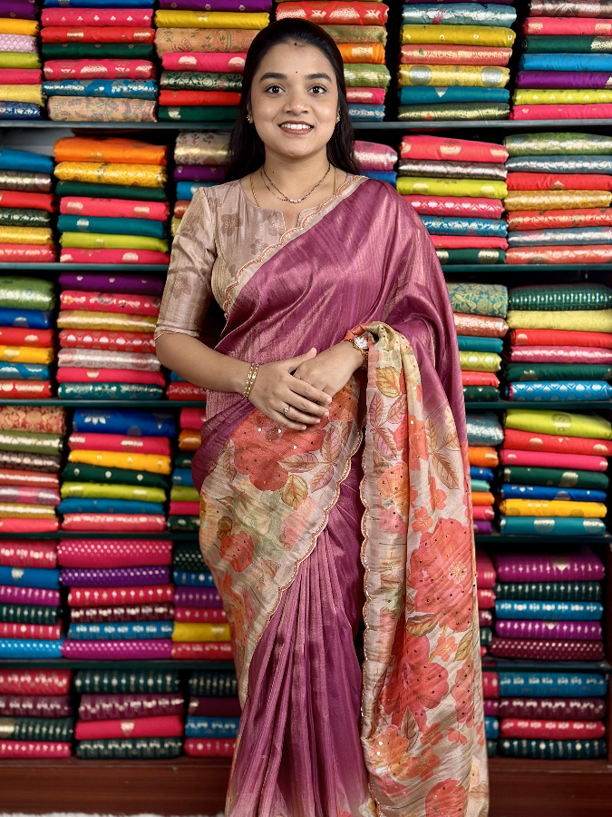 Soft Tissue Digital Print With Scallop Border Pink Saree