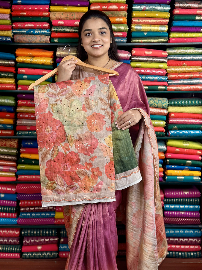 Soft Tissue Digital Print With Scallop Border Dark Green Saree