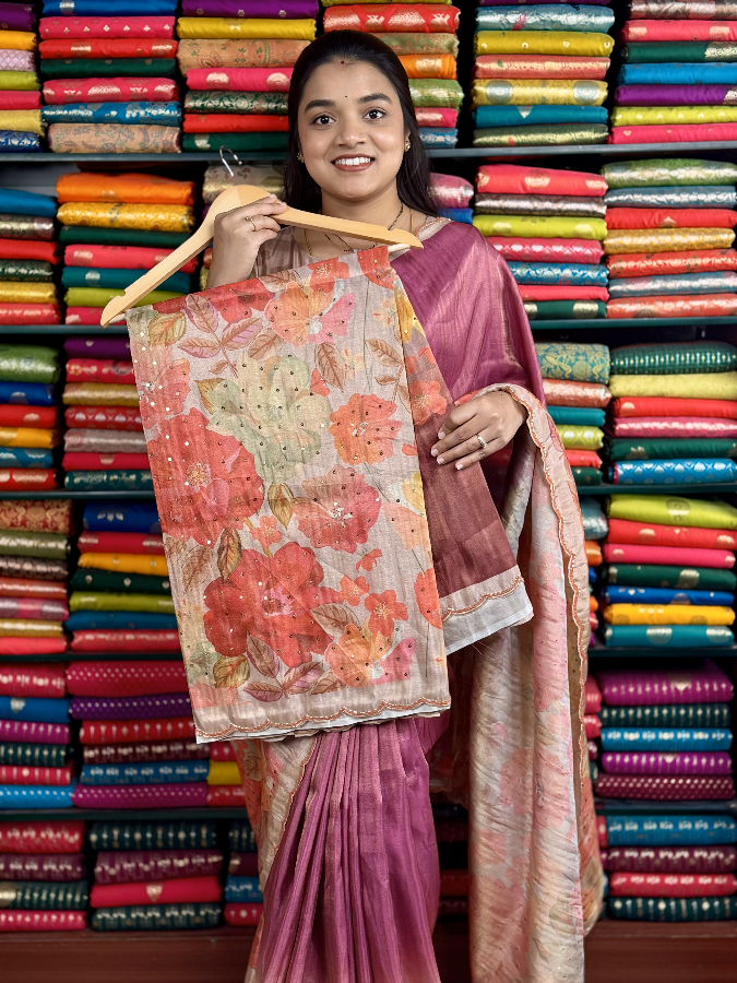 Soft Tissue Digital Print With Scallop Border Maroon Saree