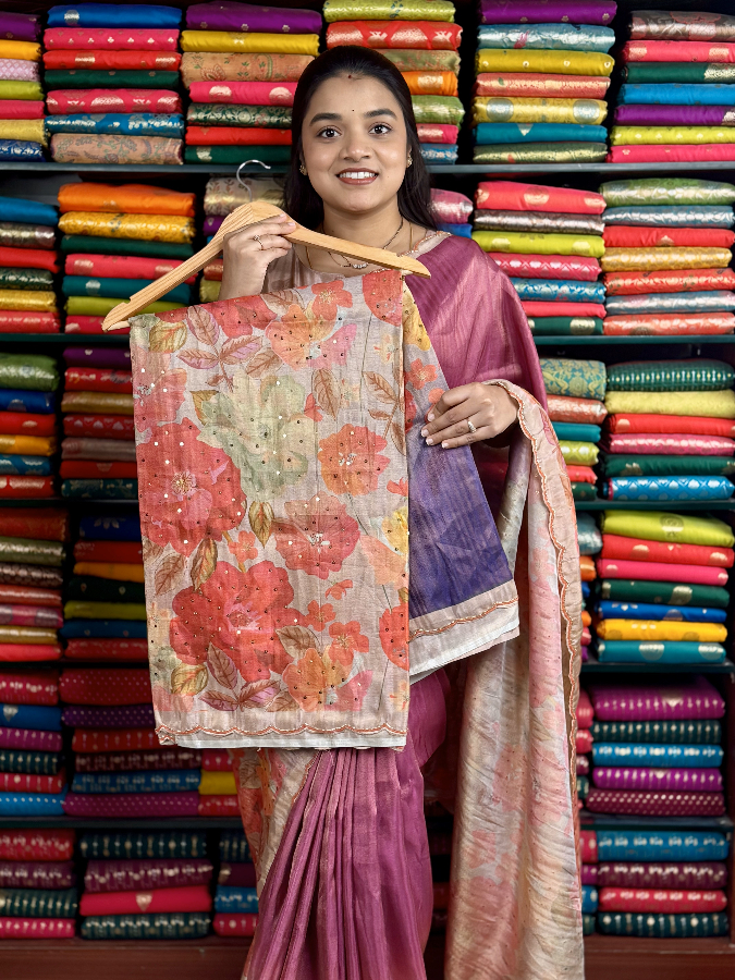 Soft Tissue Digital Print With Scallop Border Purple Saree
